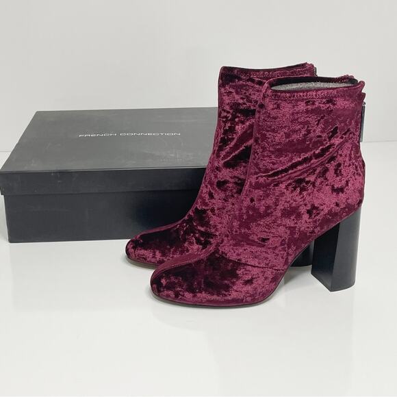 NEW French Connection Capri Crushed Velvet Ankle Boots Brunello Wine 9.5 - Picture 1 of 9